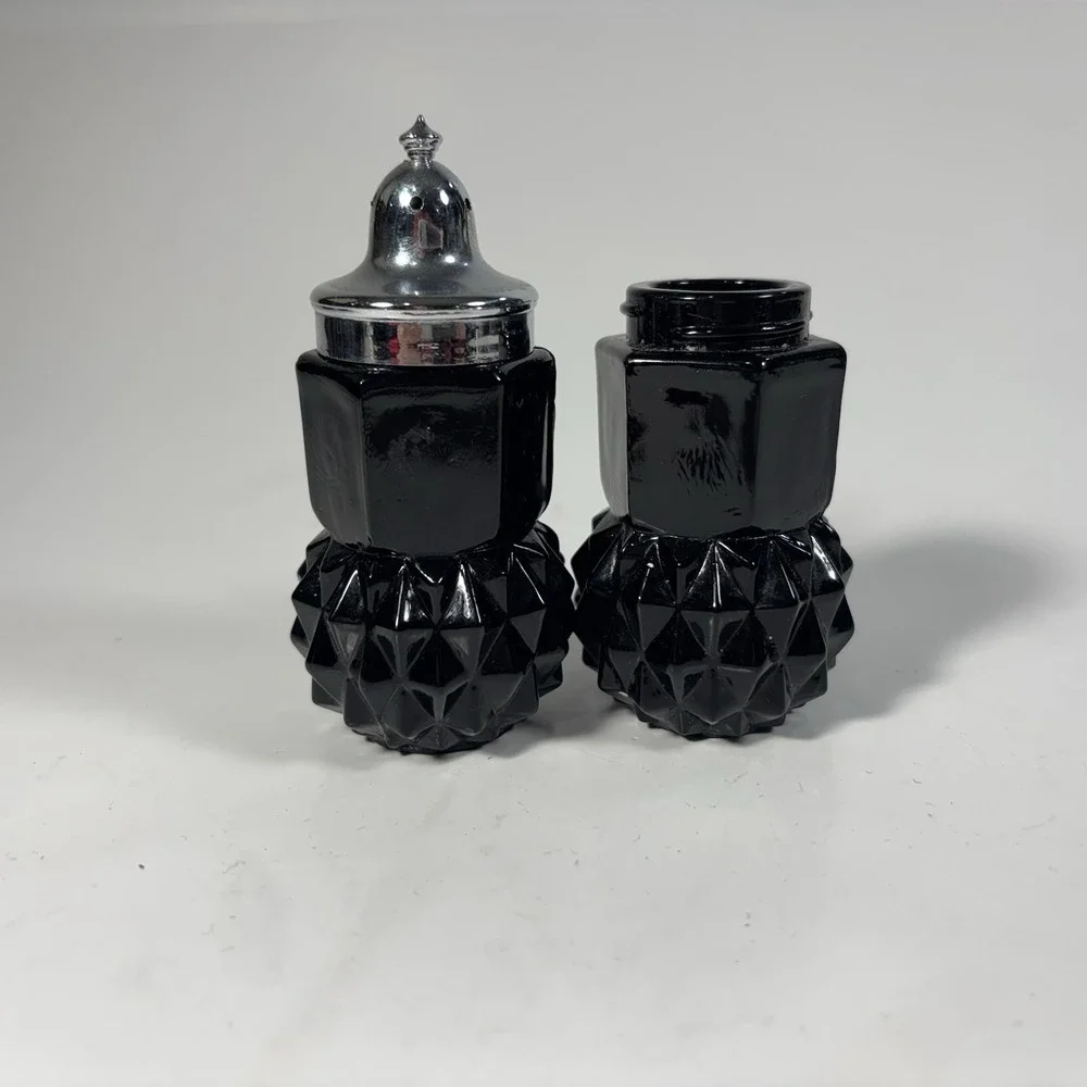 Set of Tiara Black Pressed Glass Salt N Pepper Shakers with Only One Chrome Lid